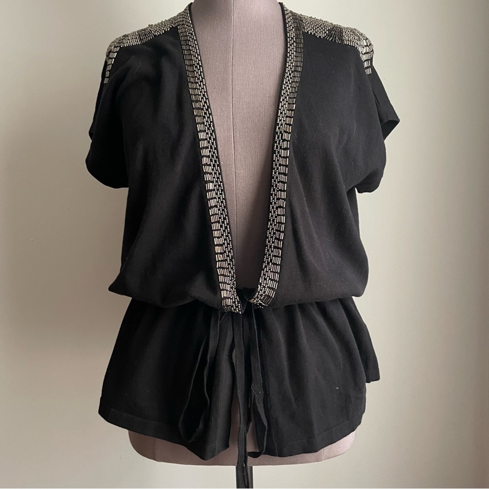 Tracy M sleeveless black tie front drawstring cardigan with beaded trim